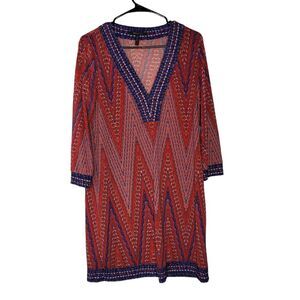 BCBGMaxazria Red Blue Geometric Striped Chevron V-Neck Tunic Dress Size Small